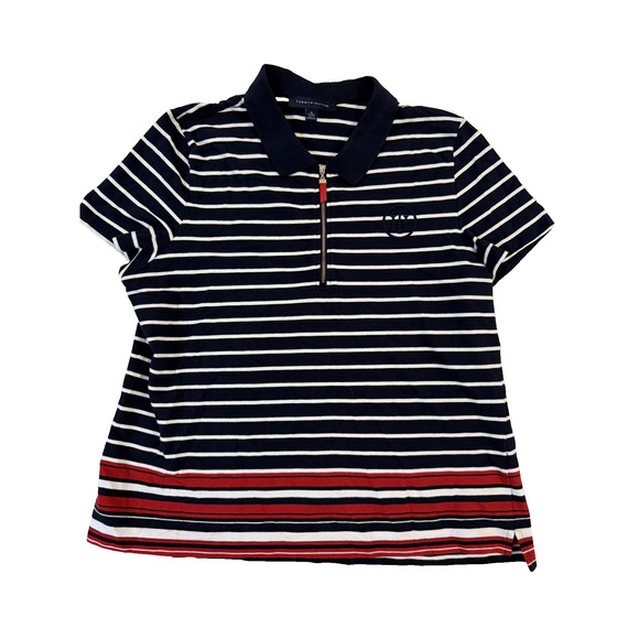 Tommy Hilfiger Polo Shirt Womens XL Striped Zip Collar Retro Preppy Classic - Picture 1 of 5